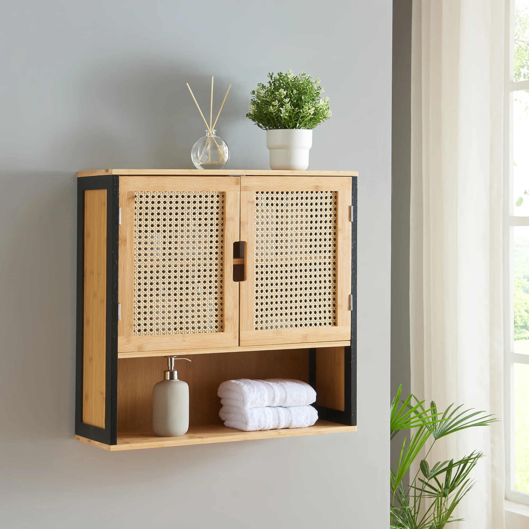 Bad-Hängeschrank Tervola 60x60x20 cm Schwarz/Bambus [en.casa]