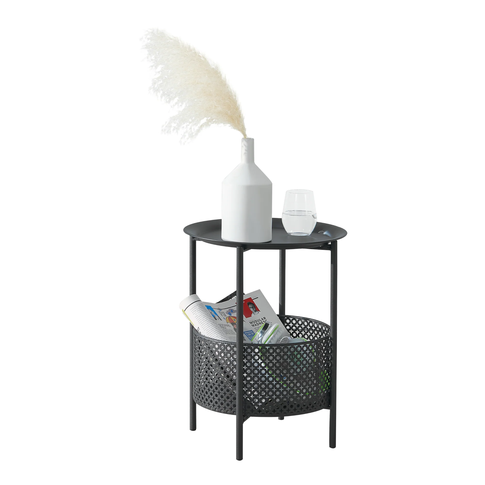 Beistelltisch Kruibeke 46x35cm mit Korb Schwarz [en.casa]