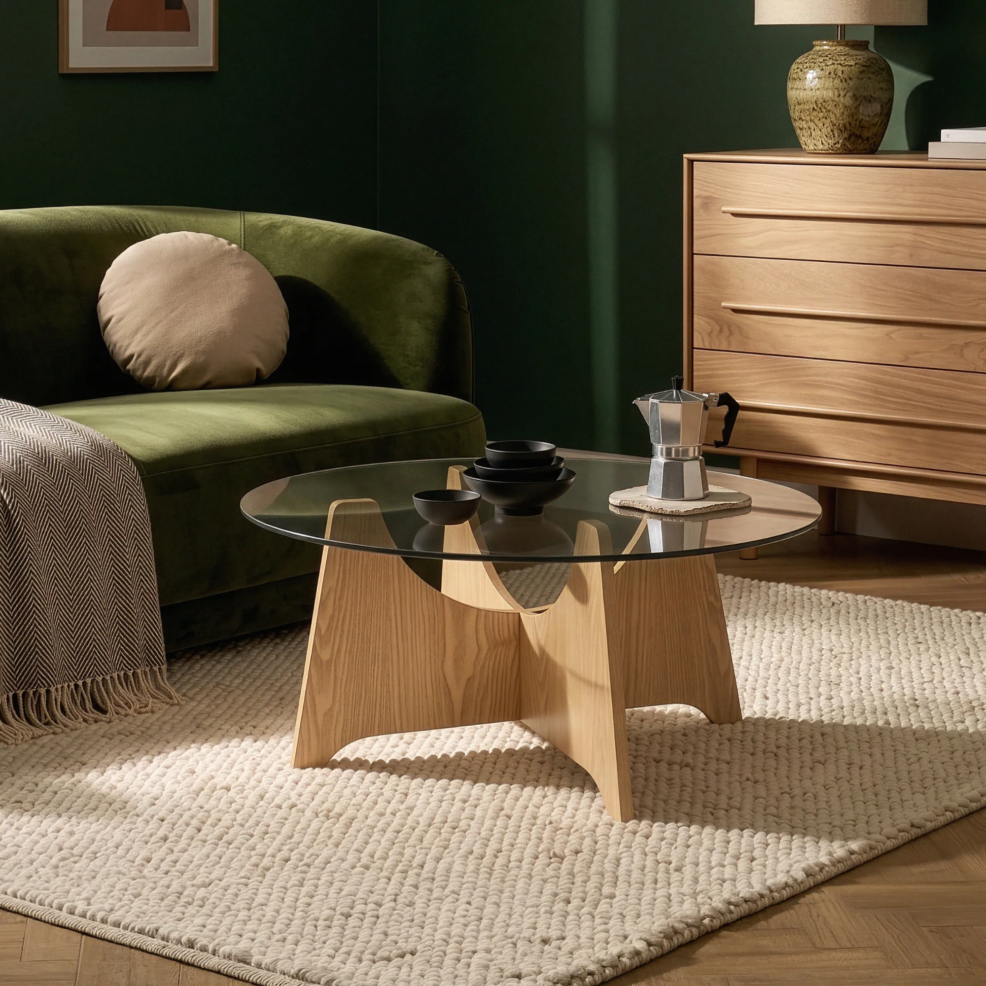 Couchtisch 'Omlar' mit Glasplatte rund Ø70 x 35 cm Eicheoptik / Rauchgrau - Image 2