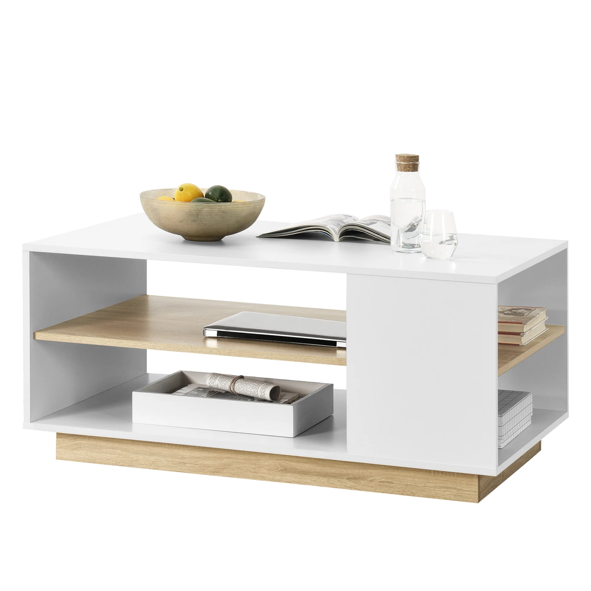 Couchtisch Trelleborg 100x60x46 cm mit 2 Ablagen Weiß/Eiche en.casa