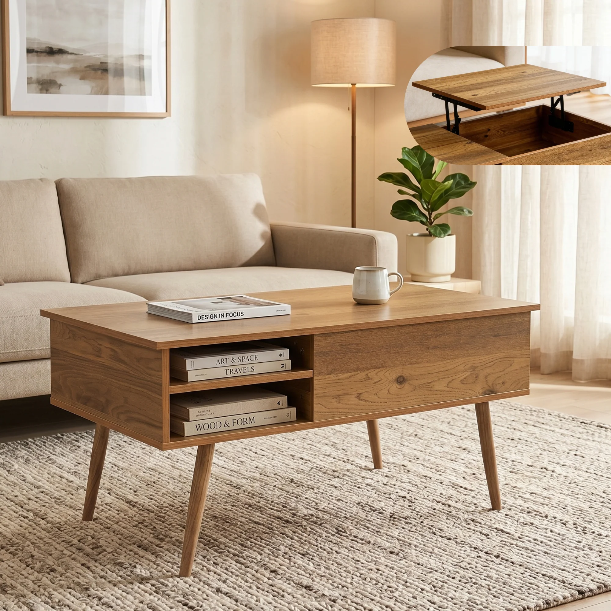 Couchtisch Vasdabod mit Liftplatte 96x59x50 cm Eicheoptik [en.casa] - Image 2