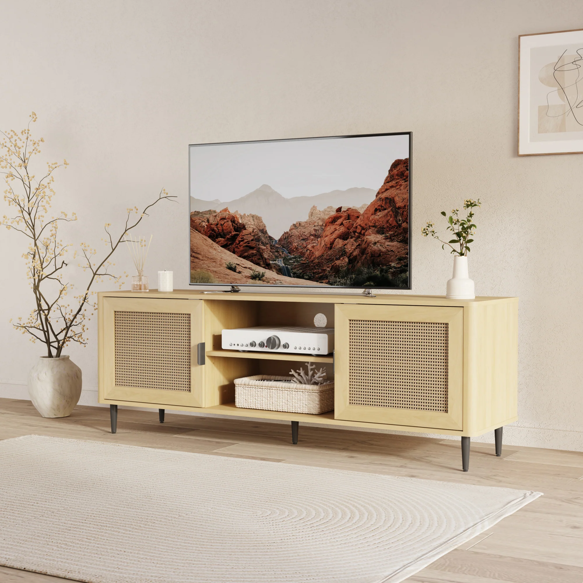 Fernsehschrank Lukhomso 152x40x54 cm Eicheoptik/Rattanoptik [en.casa]