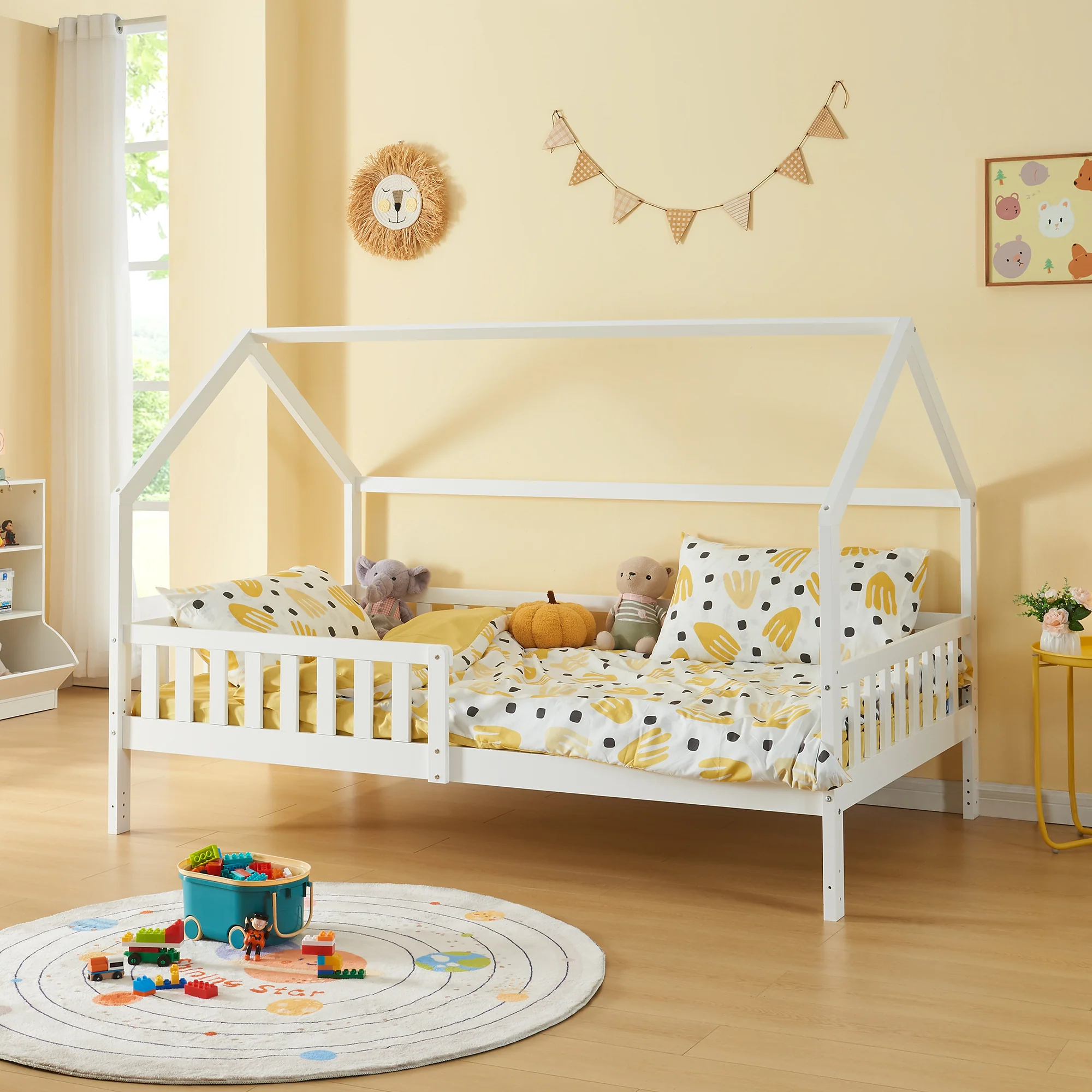 Hausbett mit Rausfallschutz Ydre Weiß Kiefernholz [en.casa]