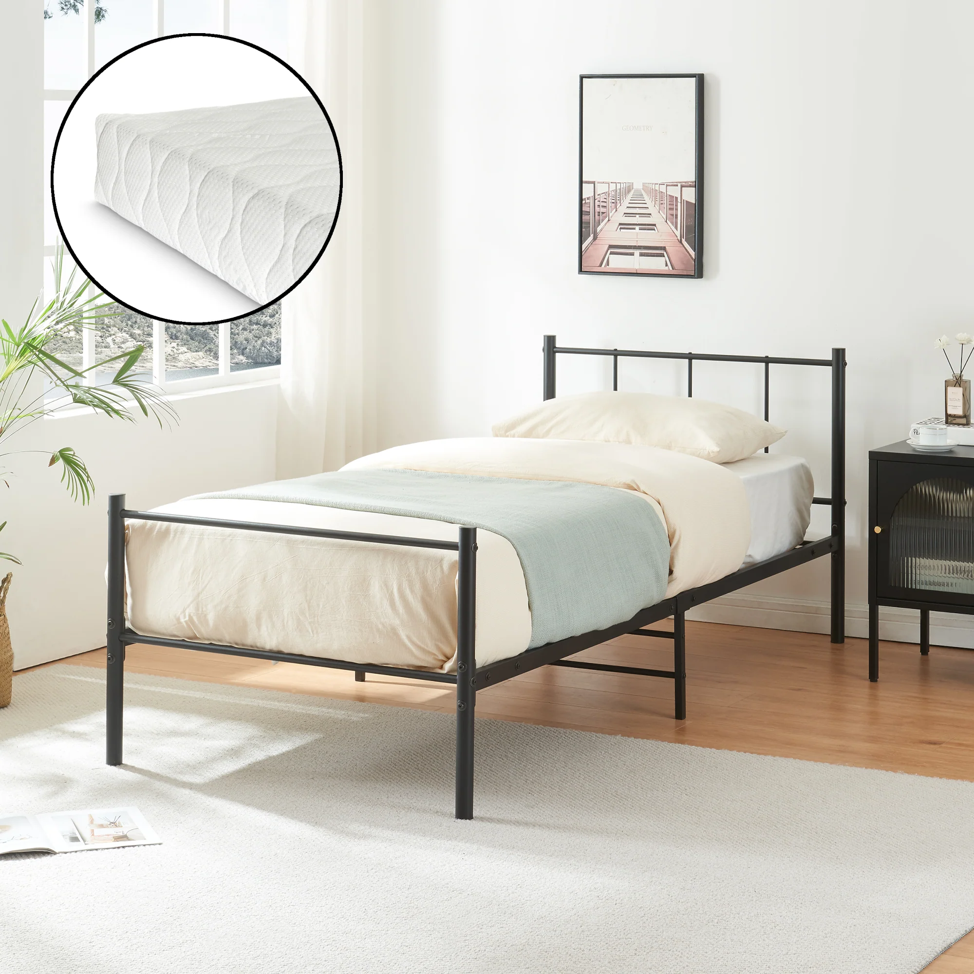 Metallbett mit Kaltschaummatratze Laos Schwarz [en.casa]
