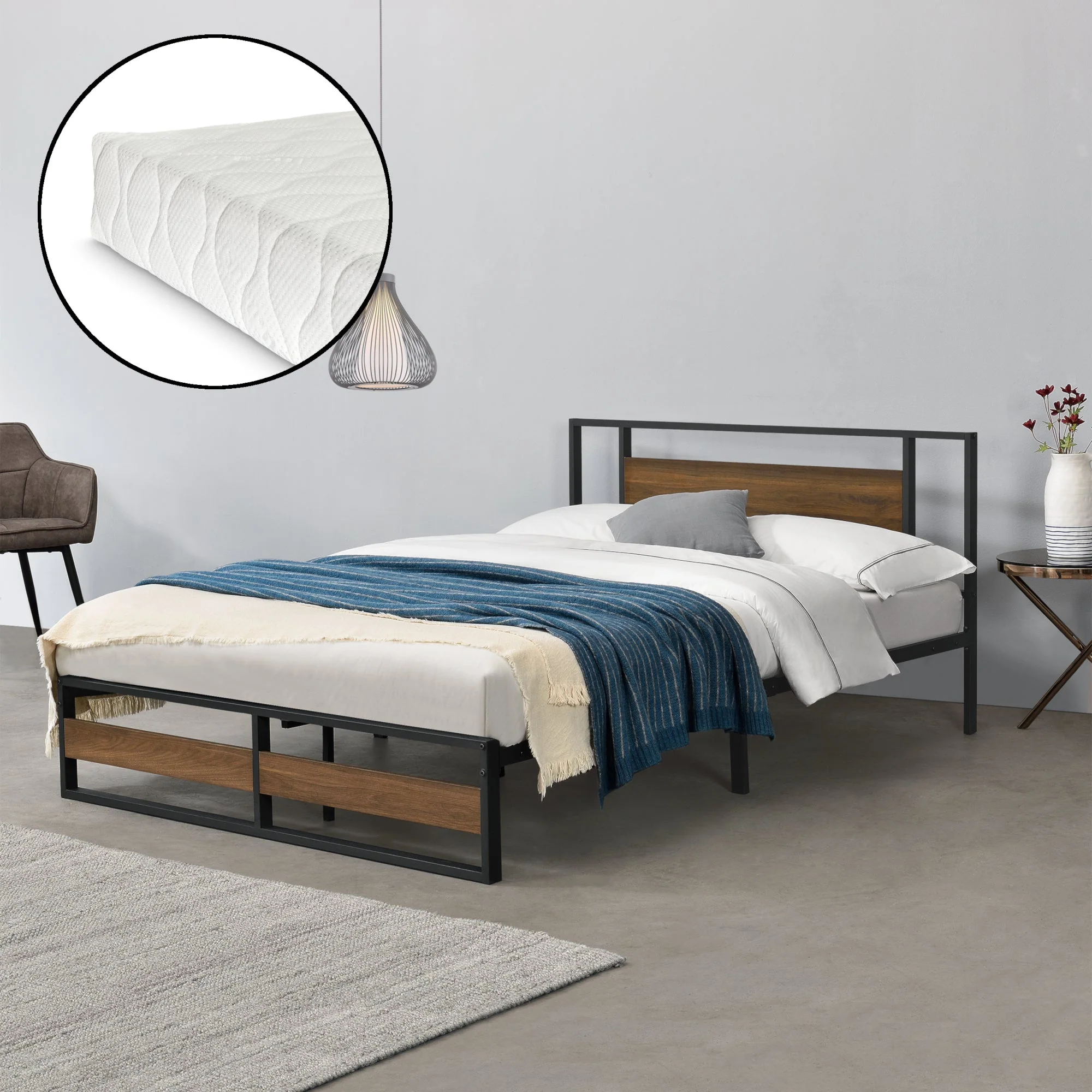 Metallbett Villach mit Matratze in versch. Größen Schwarz Walnuss-Optik [en.casa] - Image 6