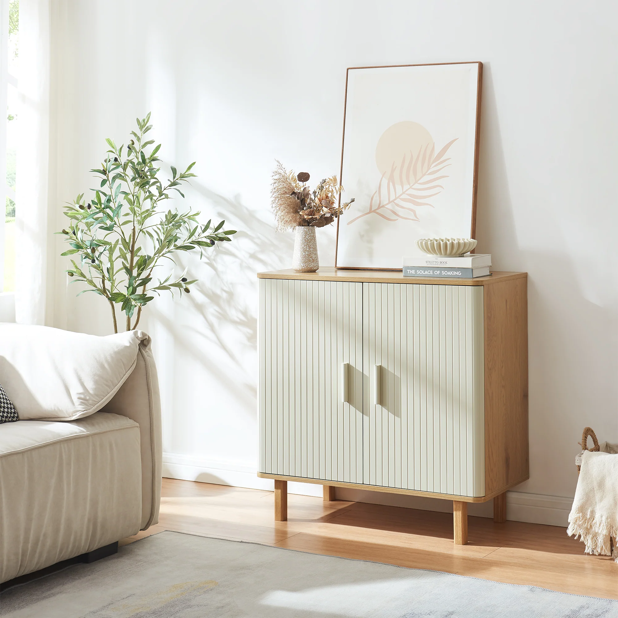 Sideboard Ferrersp mit 2 Türen 80x80x40 cm Eicheoptik/Sandfarben [en.casa]