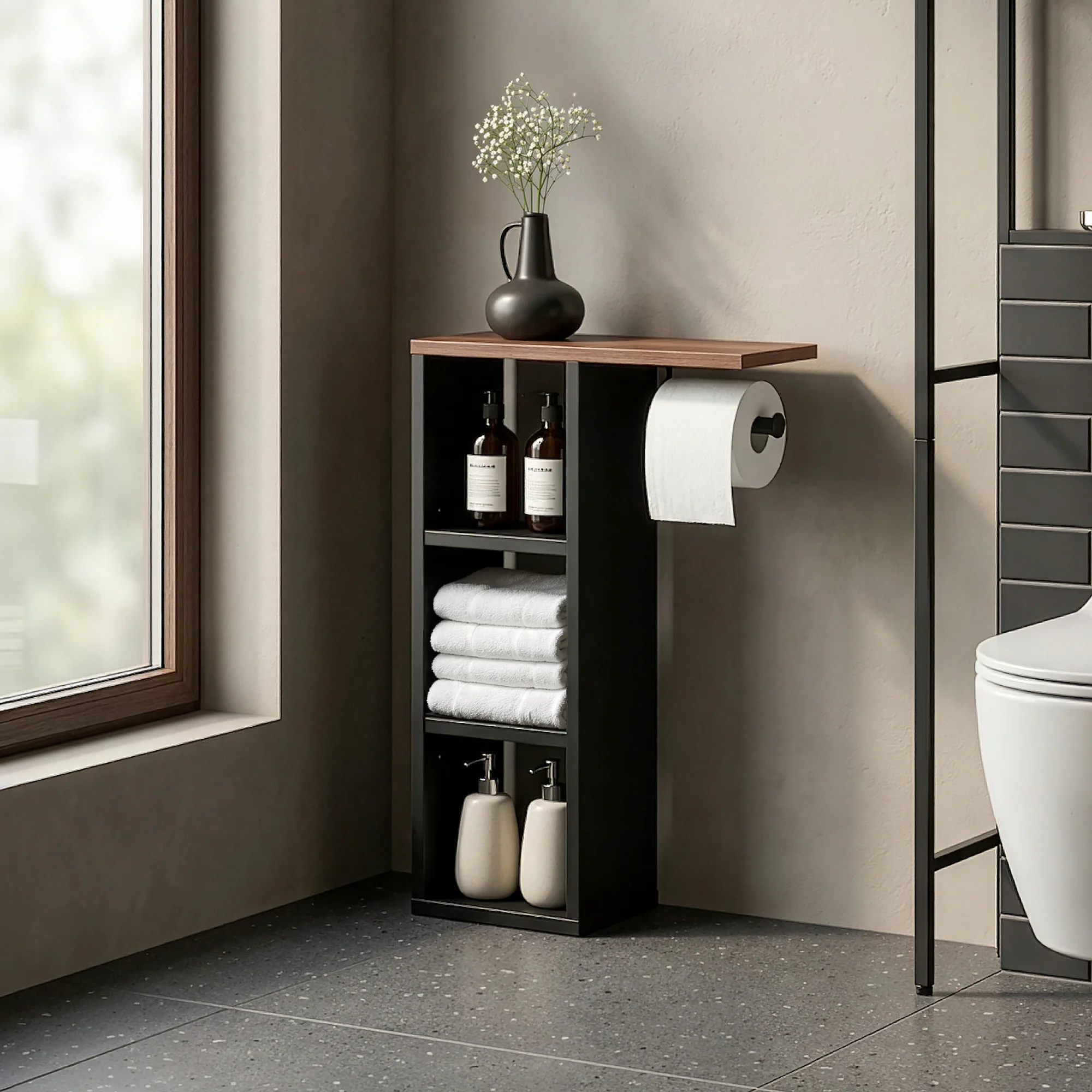 Toilettenpapierhalter Trond 60x40x16 cm Schwarz/Walnussoptik [en.casa] - Image 2