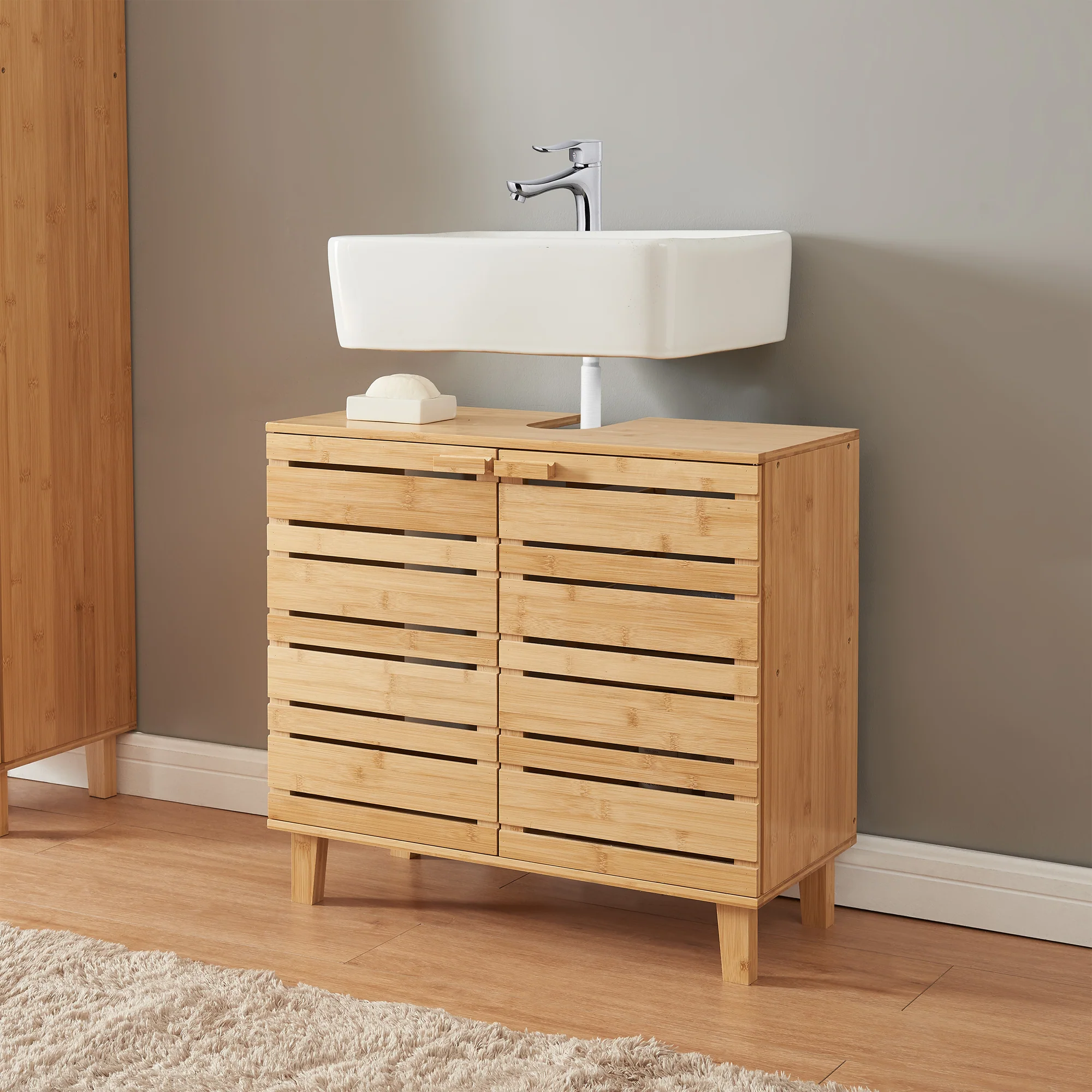 Waschbeckenunterschrank Epind 60x66x30 cm Bambus Natur [en.casa]