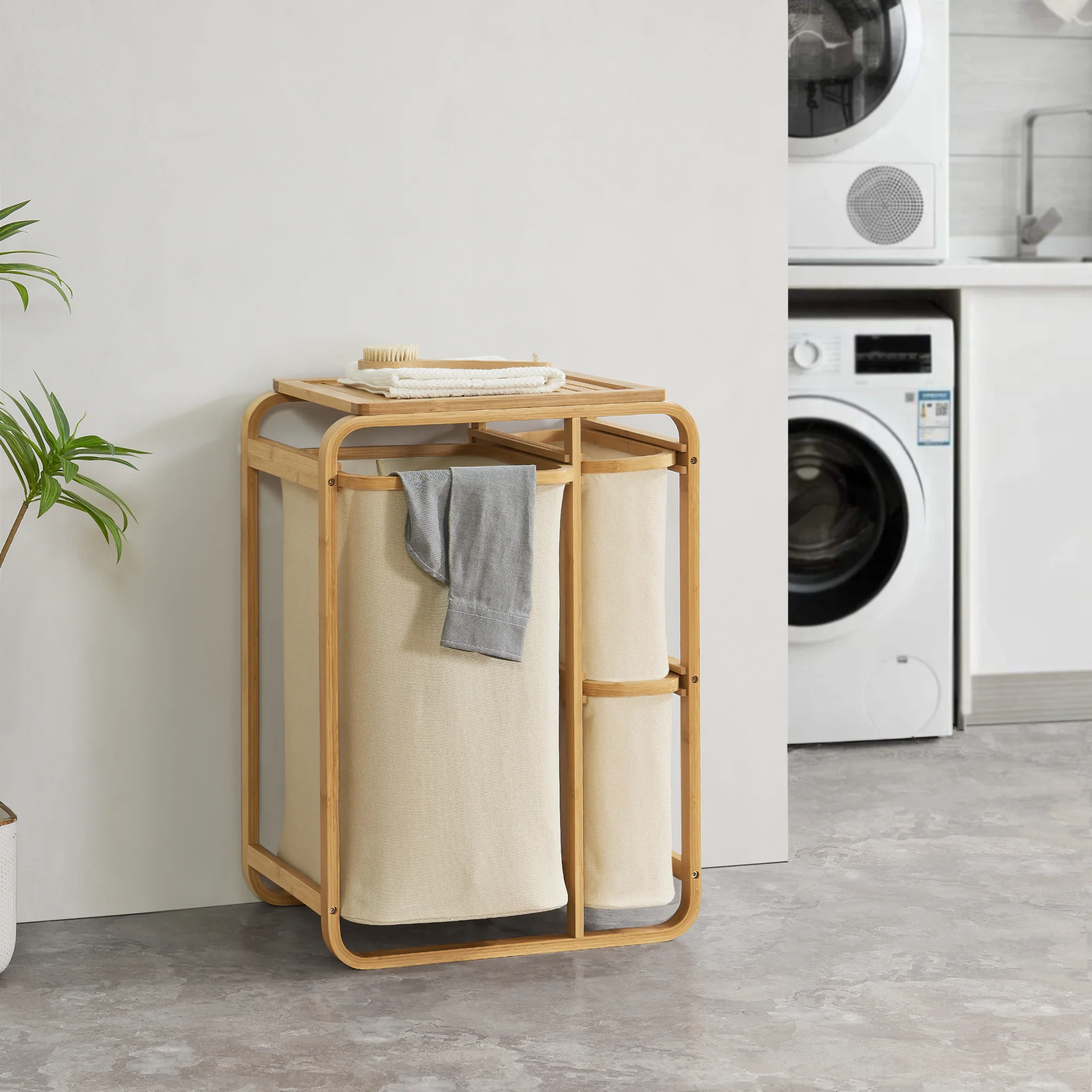 Wäschesammler Evenes mit 3 Wäschekörben Bambus [en.casa] - Image 3